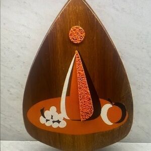 Rare Find Mid-Century Atomic Walnut Orange Popcorn Wall Hanging Plaque 17”